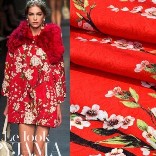 Peach dress fabric autumn and winter thick section Peach Plum printed jacquard fabrics haute couture fabrics Free shipping