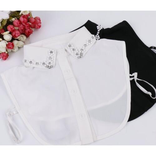 Women Retro Crystal Shirt Chiffon Fake Collar Tie Rhinestone Bead Flower Lapel Embroidery Cotton False Detachable Collar Blouse