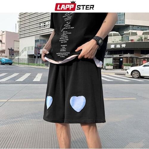 LAPPSTER Men Love Patchwork Harajuku Causal Shorts 2021 Summer Mens Japanese Streetwear Basketball Shorts Male Loose Kpop Shorts