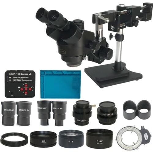 Double Boom Stereo 3.5X-180X Trinocular Soldering Microscope Adjustable Focus 38MP HDMI Microscopio USB Phone Camera Tools Kit