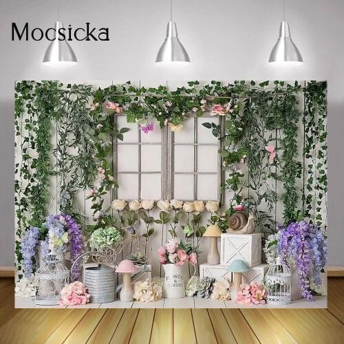 Spring Garden Flowers Backdrop Floral Girl Birthday Cake Smash Photo Background Green Leaves Children Portrait Photocall Props