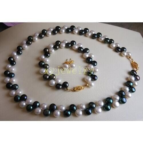 JEWELRY 00795 CHARM CULTURED 7-8MM WHITE BLACK PEARL NECKLACE BRACELET & STUD EARRING SET