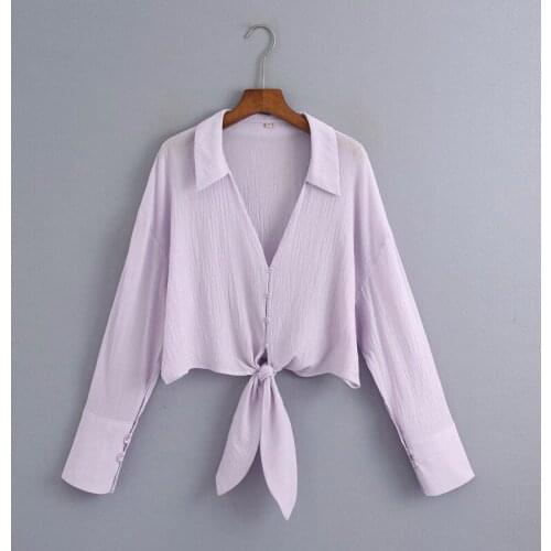 Womens Shirt Blouse New Autumn Pop Purple Bow Crop Top Shirts Office Ladies Long Sleeve Turn Down Collar Chic Streetwear Blusa