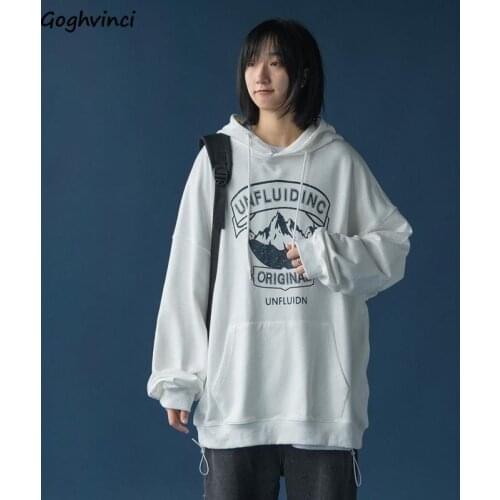 Hoodies Women Hooded Printed Korean Style Baggy Fashion BF Harajuku Leisure All-match Front Pocket Drop-shoulder Vintage Chic