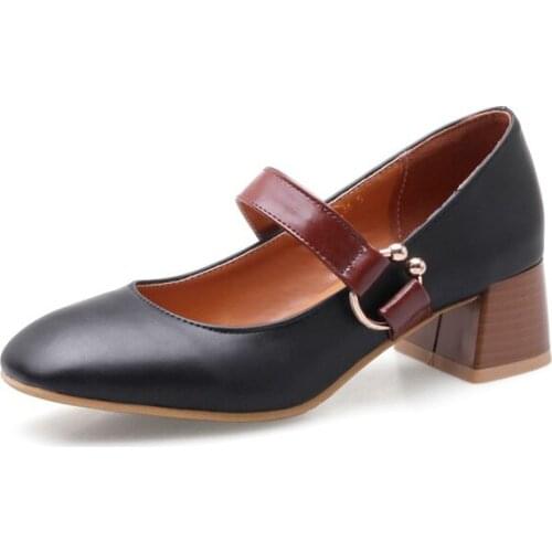 Big Size ladies high heels women shoes woman pumps Single-shoe Vintage square-headed Mary Jane shoes