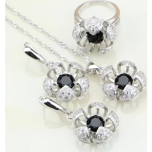 Flower Black Cubic Zirconia White Zircon 925 Sterling Silver Jewelry Sets For Women Wedding Earrings/Ring/Pendant /Necklace