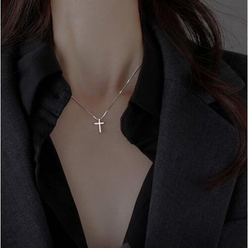 Minimalist Style Authentic 925 Sterling Silver Cross Dangle Women Pendant Necklace Chic Box Chain For Female Jewelry