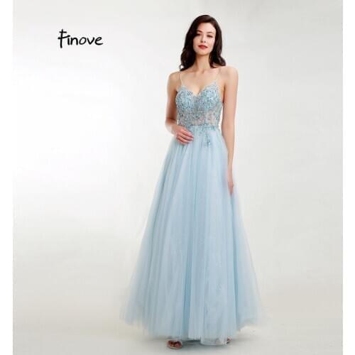 Finove Evening Dress 2020 Sexy Illusion Tulle Beading V-Neck Sleeveless A-Line Long Prom Party Woman Dress Plus Size