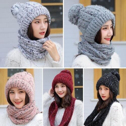 2Pcs Set Korean-Style Women Autumn Winter Warm Woolen Yarn Knitted Circle Loop Scarf Cap Knitted Hat Outdoor
