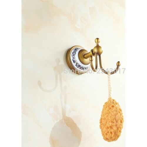 Bathroom Accessories Cloth Hooks Antique Brass Finish with Ceramic Holder Wall Mounted Classic Retro Double Hooks ZR2102