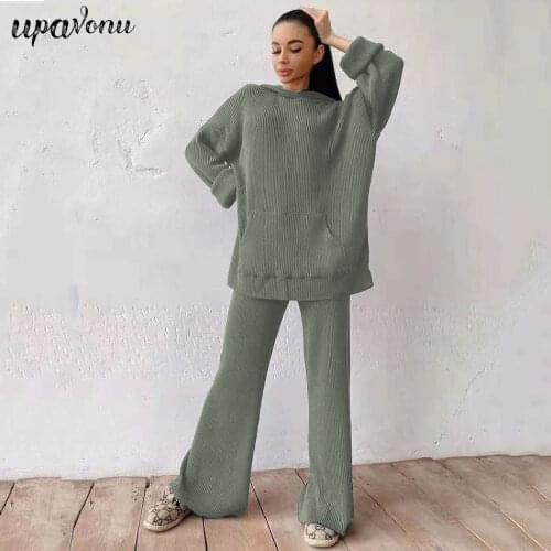 Free Shipping 2021 New Womens Loose Long Sleeve Knit Hoodie & Flared Pants 2-Piece Pocket Warm Pullover Casual Knitwear Set