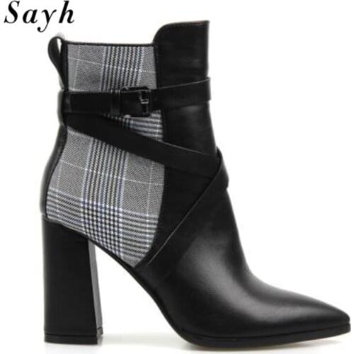 Winter Woman Ankle Boots Patchwork Pointy Toe High Heels ankle Strap Buckle Casual Bootie Pu Leather Warm Shoes Size