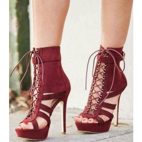 Sexy Burgundy Lace-up Platform Ankle Boots Peep Toe Cut-out High Stiletto Boots Plus Size Gladiator Sandals Boots Shoes Women