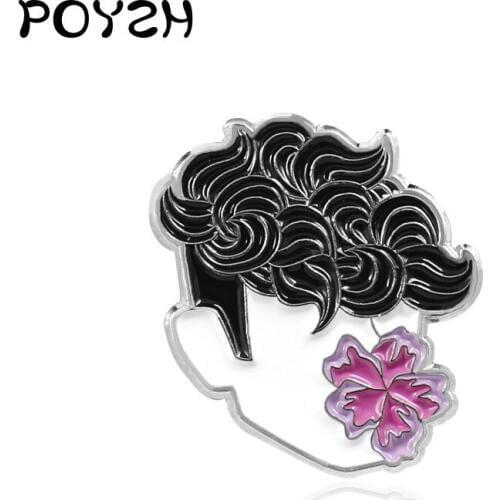 Handsome Curly Hair Boy Enamel Brooches Flowers in the mouth Cool Boys Lapel Pins Valentines Day holiday gifts Badge Jewelry