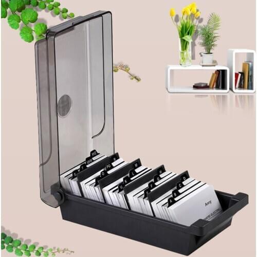 Business Card Holder, Plastic Name Card Organizer Storage Box with 4 Dividers and Index Tabs, Storage up to 500 Cards