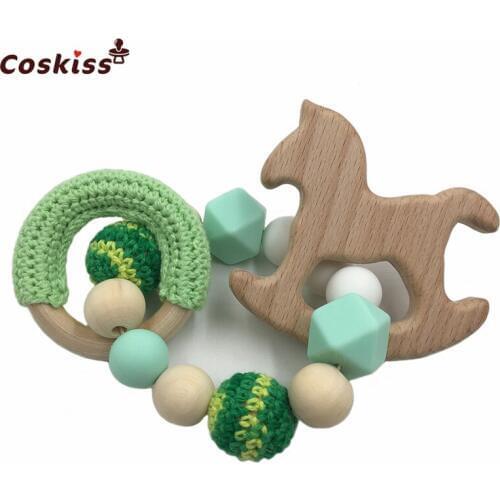 Baby Wooden Teether Beech Horse Wood Teething Montessori Toys Baby Rattle DIY Chewable Crochet Beads Bracelets