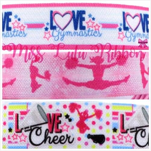 5/8"16mm Love Gymnastics&Cheer Printed Fold Over Elastic Ribbon Sport Patterns DIY Party Decoration hair ties make 50yards/roll