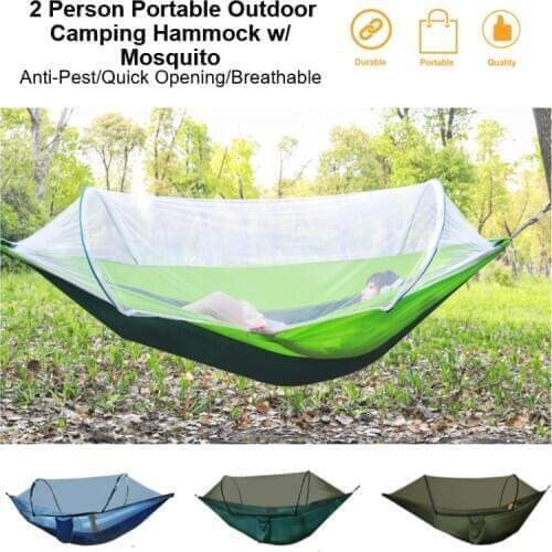 2 Person Portable Outdoor Camping Hammock w/ Mosquito Net Quick Automatic Open Parachute Fabric Hanging Bed Sleeping Swing Light