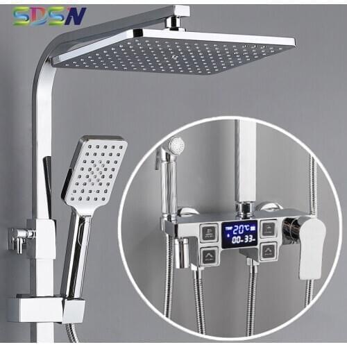 Chrome Shower Set 38 Temperature Thermostatic Bathroom Shower Mixer Set Spa Rainfall Shower Head Chrome Bath Digital Shower Set