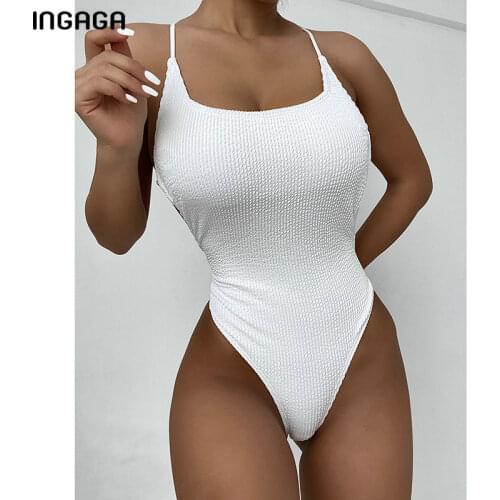 INGAGA Ribbed Womens Swimsuit 2021 One Piece High Cut Swimwear Backless Bodysuits Sexy Bathing Suits Summer Beach Bikini Set
