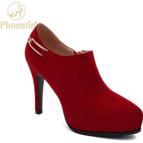 Phoentin red high heels shoes 2020 platform Pumps Korea styles zipper womens pumps womens suede shoes stilettos brown FT905