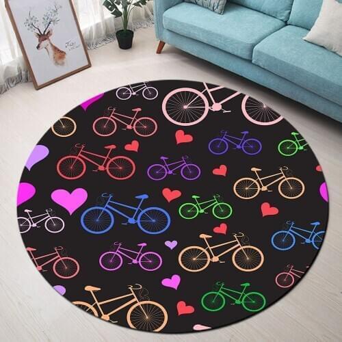 Valentines Day Round Rug Love Heart Bicycle Print Carpet Living Room Bedroom Anti Slip Rug Cushion Door Floor Mat Home Decor
