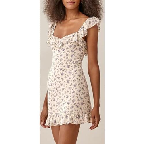 Summer Dress 2021 Fashion Women Clothing Ruffle Hem Floral Print Mini Dress Ruffle Edge Sweetheart Neck Sleeveless Beach Dress