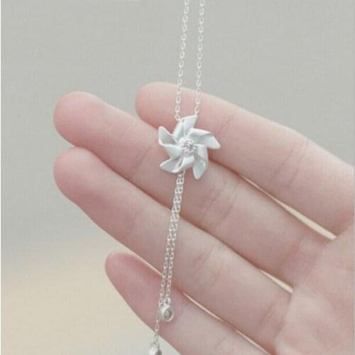 Hot Sale Zircon Windmill Plain Silver Clavicle Gardenia Flower Long Pendant Necklace For Women 925 Sterling Silver Colar SN149