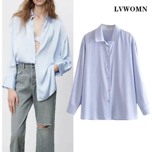 LVWOMN Fashion Button Up Satin Blouses Women Za 2021 Summer Blue Loose Long Sleeve Vintage Blouse Office Tops Chic Female Shirt