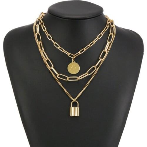 Multi Layer Coin Lock Pendant Choker Necklace For Women Steampunk Padlock Long Chain Necklace Collier Best Couple Jewelry Gift