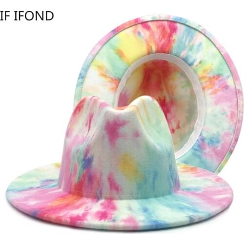 Fashion Ink Painting Printing Wool Fedora Hat Women Men Fascinator Multicolor Wide Brim Elegant Lady Felted Hat