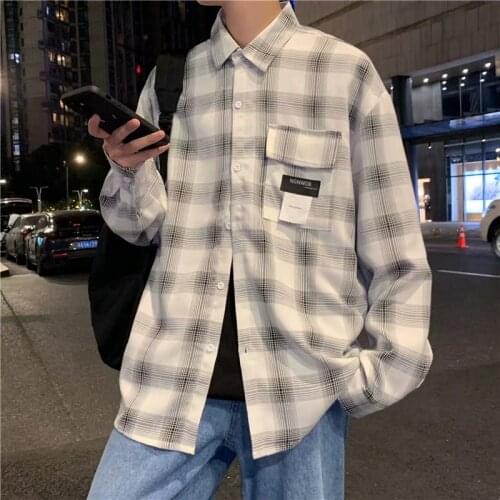 Mens long-sleeved shirt Korean style trendy brand plaid shirt ins spring and autumn handsome loose casual jacket