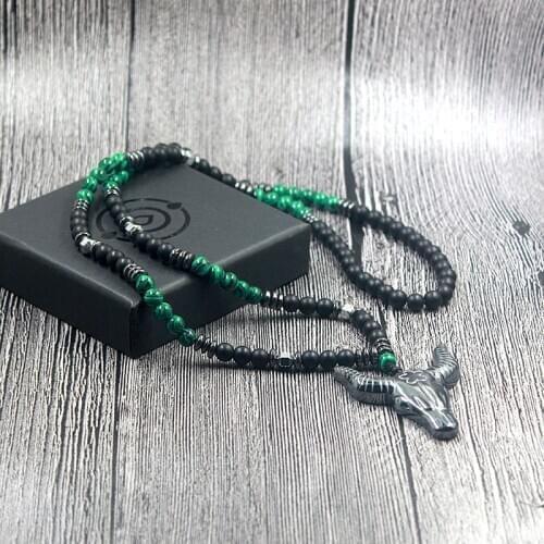 New Design 6mm Black Stone Malachite Stone with Hematite Bull Ox Head Pendant Necklace Mens Jewelry NSN018
