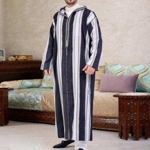 Men Muslim Jubba Thobe Patchwork Striped V Neck Long Sleeve Caftan Dubai Robe Vintage Islamic Arabic Men Kaftan