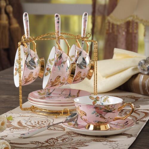 Pastoral bird bone China tea cup set spoons European porcelain coffee cup 200ml cup tray coffee cup party glasses WJ111454