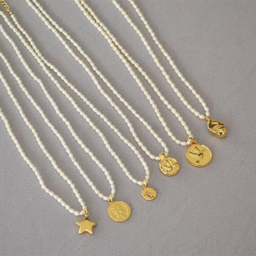 French gentle freshwater rice grain small pearl retro gold pendant short neck chain collar collar necklace