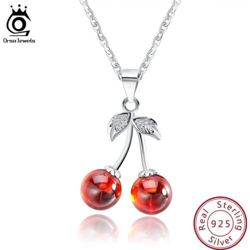 ORSA JEWELS 925 Sterling Silver Cherry Pendant Necklaces for Women Genuine Silver Jewelry Red Natural Stone Necklace Gift SN03