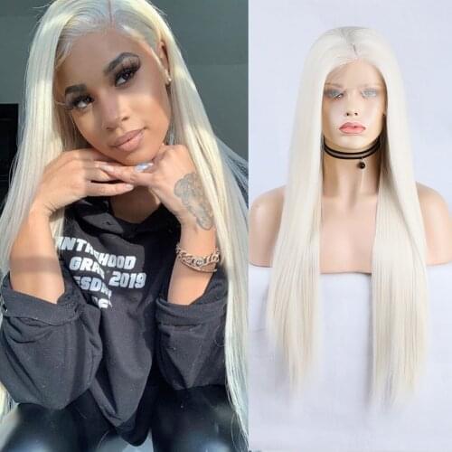 RONGDUOYI #60 Platinum Blonde Wig Long Silky Straight Wigs for Women High Temperature Fiber Synthetic Lace Front Wig Lace Wig