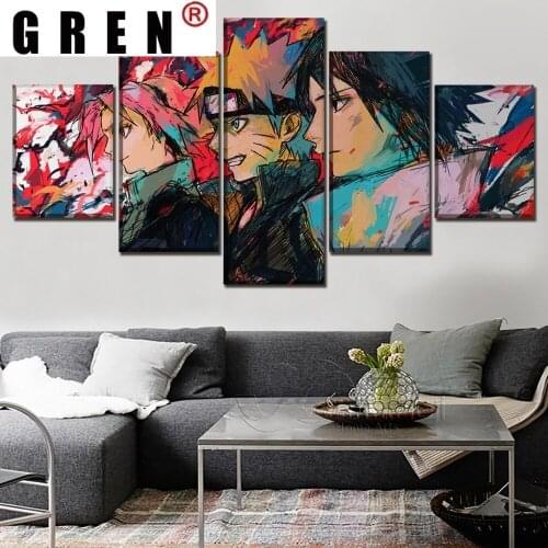 GREN Canvas Paintings Posters Prints 5 Panels Anime Graffiti Japan Cartoon Uzumaki Sakura Haruno Sasuke Uchiha Wall Art Picturs
