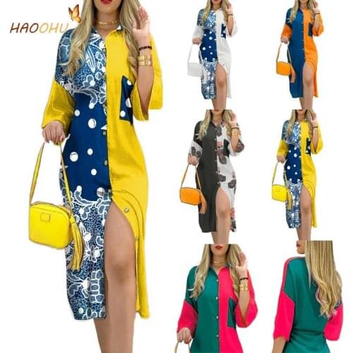 HAOOHU Urban Casual Sexy Street Commute 2021 Summer Mid-Waist Print Elastic Hip Off-Neck Pocket Button Contrasting-Color Dress