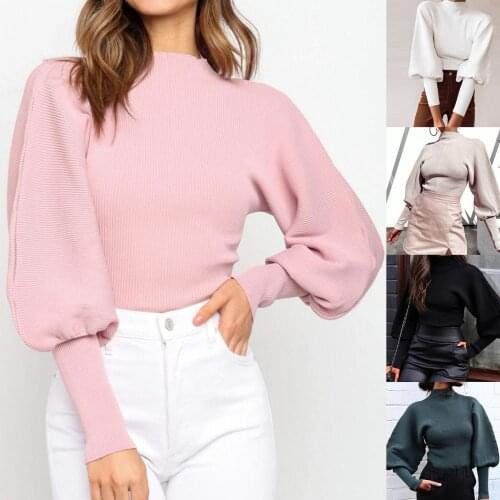 Dropshipping Autumn Women Solid Color Sweater Turtle Neck Long Puff Sleeve Knitted Pullover