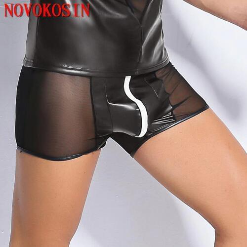 XX74 2018 Sexy Zipper Crotch Bodysuit PVC Faux Leather Side Seam PU Men Back Tulle See Through Short Panties