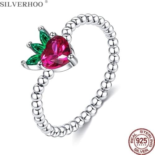 SILVERHOO Rings For Women Cutest Strawberry Female Jewelry S925 Sterling Silver Multi Size Ring Wedding Anniversary Dating Gift
