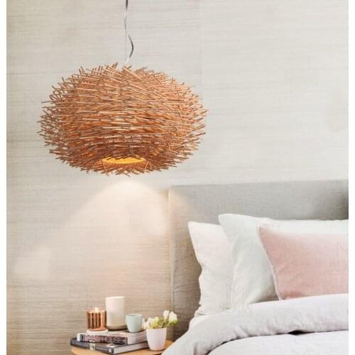 Modern Wooden Rattan Handmade Nest Bird Cage Pendant Lamp with LED E27 Bulb Hanging Light For Light Home Living Room Decor