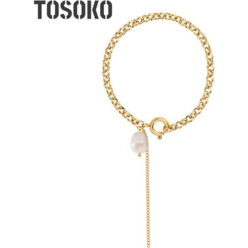 TOSOKO Stainless Steel Jewelry Tassel Baroque Freshwater Pearl Bracelet For Women BSE178