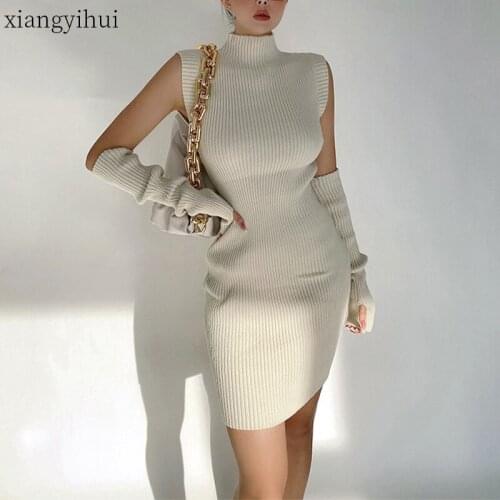 Vintage Hepburn Style Half Turtleneck Black Sleeveless Knitted Tank Dress with Sleeves Sexy Package Hip Bodycon Dresses Womens