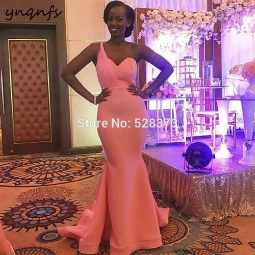 YNQNFS B31 Elegant Simple One Shoulder Mermaid Coral Party Gown Burgundy Satin Bridesmaid Dresses Long 2019