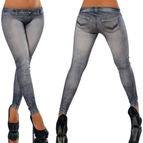 Women Vintage Wash Color Denim Print Leggings Low Rise Stretchy Pencil Pants Seamless Ankle Length Skinny Fake Jeans