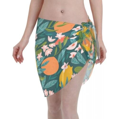 Women Swimwear Pareo Scarf Bikini Cover-Ups Wrap Kaftan Sarong Beach Sexy Skirts Oranges Lemons And Flowers Swimsuit Cover-Ups