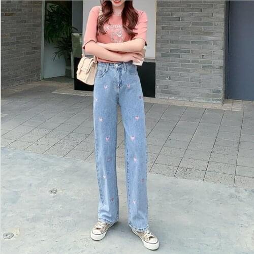 Womens Jeans Vintage Heart Shaped Embroidery Streetwear High Waist Wide Leg Pants Baggy Harajuku Straight Denim Trouser